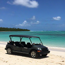 Caribbean Holidays, Caribbean Buggy Tours, A Caribbean buggy tour stopping beside a quiet white-sand beach and turquoise lagoon, with helmets resting on the vehicles