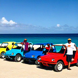 Caribbean Holidays, Caribbean Buggy Tours, A friendly group of holidaymakers posing beside colourful off-road buggies at a Caribbean viewpoint overlooking the sea