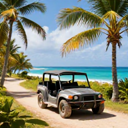 Caribbean Holidays, Caribbean Buggy Tours, A rugged off-road buggy driving along a tropical Caribbean coastal trail with palm trees, bright blue sea and warm sunlight