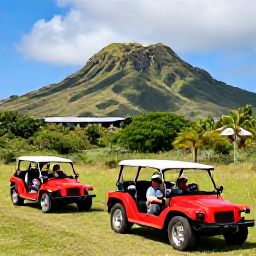 Caribbean Holidays, Caribbean Buggy Tours, Travellers in helmets driving open-sided buggies through a green Caribbean landscape, with volcanic hills and tropical vegetation