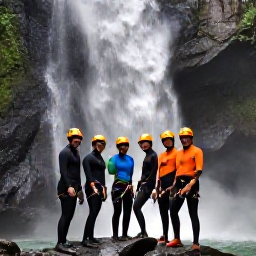 Caribbean Holidays, Caribbean Canyoning, A friendly guided canyoning group wearing helmets and wetsuits beside a waterfall in a Caribbean rainforest