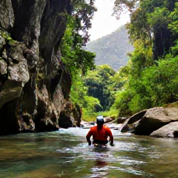 Caribbean Holidays, Caribbean Canyoning, Canyoneers wading through a clear tropical river beneath lush Caribbean rainforest, dramatic green cliffs and soft morning light