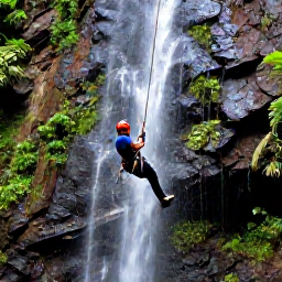 Caribbean Holidays, Caribbean Canyoning, Canyoner abseiling beside a tall waterfall surrounded by tropical foliage and dark volcanic rock in Dominica