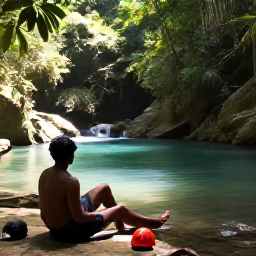 Caribbean Holidays, Caribbean Canyoning, Travellers relaxing beside a clear rainforest pool after canyoning, with helmets nearby and sunlight filtering through Caribbean trees