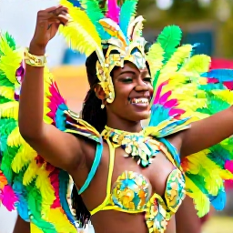Caribbean Holidays, Caribbean Carnival, Close-up view of Caribbean carnival dancers wearing bright feathered costumes and sparkling accessories, smiling as they perform in sunlight