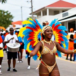 Caribbean Holidays, Caribbean Carnival, Colourful Caribbean carnival parade in a lively town street, dancers in feathered costumes, steel pan musicians and cheerful crowds