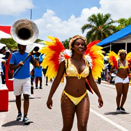 Caribbean Holidays, Caribbean Carnival, Colourful Caribbean carnival parade moving through a lively town street, dancers in feathered costumes, steel bands, sunshine and cheering crowds