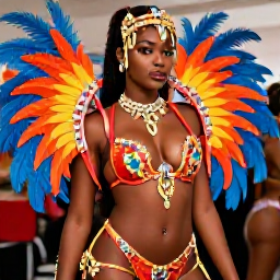 Caribbean Holidays, Caribbean Carnival, Detailed Caribbean carnival costumes displayed backstage, bright feathers, jewels, sequins and handmade cultural designs