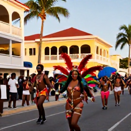 Caribbean Holidays, Caribbean Carnival, Friendly Caribbean carnival crowd enjoying a colourful parade beside historic buildings and palm trees in warm afternoon light