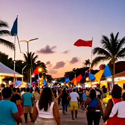 Caribbean Holidays, Caribbean Carnival, Happy holidaymakers enjoying a Caribbean carnival parade at sunset, colourful flags, tropical street lights and an easy-going festive crowd