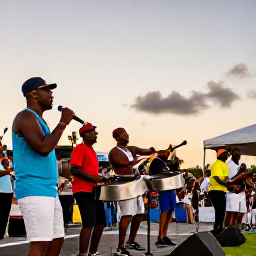 Caribbean Holidays, Caribbean Carnival, Outdoor Caribbean carnival music event at sunset, steel pan orchestra and soca performers entertaining an enthusiastic crowd