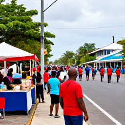 Caribbean Holidays, Caribbean Carnival, Visitors watching a Caribbean carnival parade from a safe roadside position, local food stalls nearby, festive street atmosphere and tropical buildings