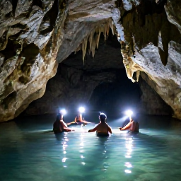 Caribbean Holidays, Caribbean Cave Exploring, A small group floating through a clear underground river inside a Caribbean cave, illuminated by headlamps and surrounded by rock walls