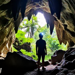 Caribbean Holidays, Caribbean Cave Exploring, A traveller wearing a helmet and headlamp entering a dramatic limestone cave in the Caribbean, with tropical forest and bright daylight behind