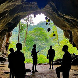 Caribbean Holidays, Caribbean Cave Exploring, Caribbean cave entrance opening onto dense green jungle, with a local guide speaking to visitors about bats and cave wildlife