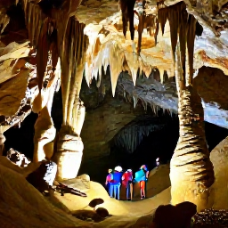 Caribbean Holidays, Caribbean Cave Exploring, Guided visitors walking through a spacious Caribbean cave filled with stalactites, stalagmites and warm natural colours