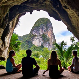 Caribbean Holidays, Caribbean Cave Exploring, Happy travellers relaxing outside a Caribbean cave after a guided adventure, surrounded by tropical greenery and dramatic island scenery