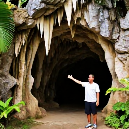 Caribbean Holidays, Caribbean Cave Tours, A friendly Caribbean cave guide explaining cave formations to visitors beside a tropical forest entrance