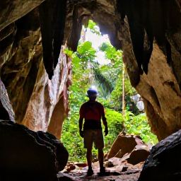 Caribbean Holidays, Caribbean Cave Tours, A traveller wearing a helmet and headlamp at the entrance to a limestone cave in the Caribbean, surrounded by tropical forest