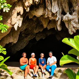 Caribbean Holidays, Caribbean Cave Tours, Happy travellers relaxing beside a Caribbean cave entrance after an adventure, with lush greenery and warm island sunlight