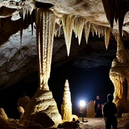 Caribbean Holidays, Caribbean Cave Tours, Visitors exploring a large Caribbean limestone cavern with dramatic stalactites, stalagmites and soft torchlight