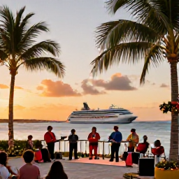 Caribbean Holidays, Caribbean Christmas Cruise, A festive Caribbean waterfront at sunset with decorated palms, local musicians and families enjoying a December celebration