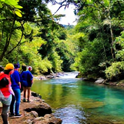 Caribbean Holidays, Caribbean Christmas Cruise, A guided rainforest walk in Dominica with lush foliage, a clear river and travellers exploring a volcanic landscape