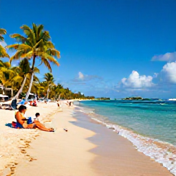 Caribbean Holidays, Caribbean Christmas Cruise, Visitors relaxing on a golden Caribbean beach beside clear turquoise water, with palm trees and a small island in the distance