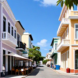Caribbean Holidays, Caribbean City Breaks, A historic Caribbean capital street in November, with pastel colonial buildings, balconies, local caf&eacute;s and people walking beneath tropical trees