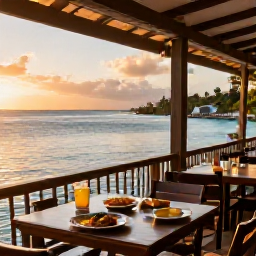 Caribbean Holidays, Caribbean City Breaks, A relaxed Caribbean waterfront caf&eacute; at sunset in November, with outdoor tables, local food, gentle sea views and warm evening light