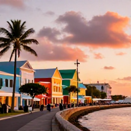 Caribbean Holidays, Caribbean City Breaks, Colourful Caribbean waterfront city at sunset with historic buildings, palm trees and busy street life