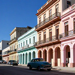Caribbean Holidays, Caribbean City Breaks, Havana-style Caribbean street with vintage cars, colourful colonial buildings, balconies and pedestrians