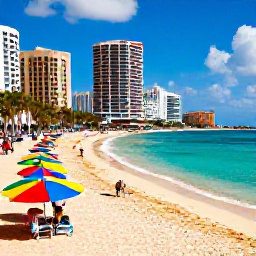 Caribbean Holidays, Caribbean City Breaks, Sunny Caribbean city beach with turquoise water, golden sand, colourful umbrellas and a relaxed waterfront promenade