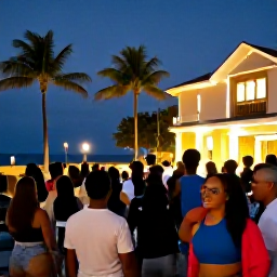 Caribbean Holidays, Caribbean Comedy Shows, A happy audience leaving a Caribbean comedy theatre at night, with palm trees, gentle sea air and softly lit streets