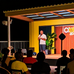 Caribbean Holidays, Caribbean Comedy Shows, A lively Caribbean comedy club at night, with a small stage, warm lighting, a diverse audience laughing and tropical details in the decor