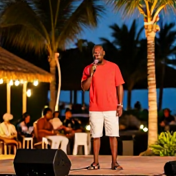 Caribbean Holidays, Caribbean Comedy Shows, Caribbean stand-up comedians performing on a warmly lit outdoor stage while holidaymakers enjoy an evening beneath palm trees