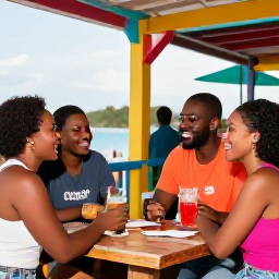 Caribbean Holidays, Caribbean Comedy Shows, Friends and couples sharing drinks and laughing at a casual Caribbean comedy night in a colourful seaside venue