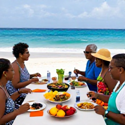 Caribbean Holidays, Caribbean Cooking Classes, A finished Caribbean meal served outdoors beside the sea, with colourful dishes, tropical fruit and visitors enjoying a relaxed shared lunch