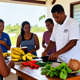 Caribbean Holidays, Caribbean Cooking Classes, A local chef teaching visitors how to prepare Caribbean ingredients in an open-air kitchen, with plantains, peppers, herbs and coconut on a wooden table