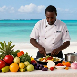 Caribbean Holidays, Caribbean Cooking Classes, A welcoming Caribbean cookery class overlooking a turquoise sea, with fresh tropical ingredients, colourful spices and a local chef preparing food