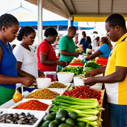 Caribbean Holidays, Caribbean Cooking Classes, Visitors cooking together at a lively Caribbean market, choosing fresh vegetables, spices and seafood from friendly local sellers