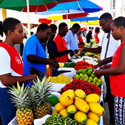 Caribbean Holidays, Caribbean Cooking Holidays, Colourful Caribbean market with pineapples, mangoes, peppers, herbs and spices, visitors browsing stalls with a local guide