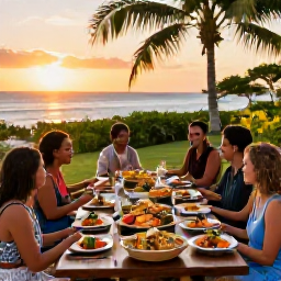 Caribbean Holidays, Caribbean Cooking Holidays, Guests dining outdoors at a Caribbean cooking retreat, beautifully presented local food, palm trees and sunset over the sea