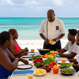 Caribbean Holidays, Caribbean Cooking Holidays, Outdoor Caribbean cooking class beside a turquoise sea, colourful fresh ingredients, local chef teaching holidaymakers