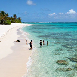 Caribbean Holidays, Caribbean Coral Reefs, Snorkellers exploring a shallow Caribbean reef beside a sandy beach on a sunny day