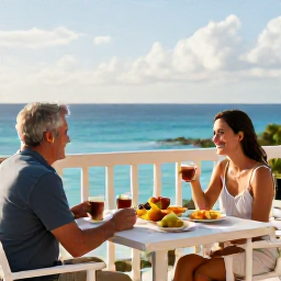 Caribbean Holidays, Caribbean Couples Holidays, A happy couple sharing a quiet breakfast on a Caribbean balcony overlooking the ocean, with fresh fruit and gentle morning sunshine