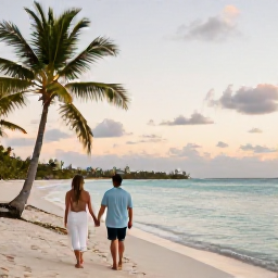Caribbean Holidays, Caribbean Couples Holidays, A relaxed couple walking hand in hand along a quiet Caribbean beach at sunset, with palm trees and calm turquoise water