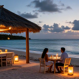 Caribbean Holidays, Caribbean Couples Holidays, An elegant beachfront restaurant in the Caribbean at dusk, with a couple dining beside the sea and lanterns glowing