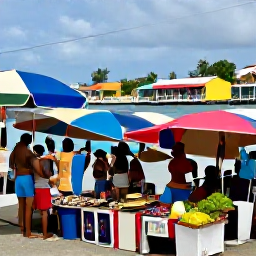 Caribbean Holidays, Caribbean Craft Markets, Bustling Caribbean market beside a colourful harbour, with visitors browsing handmade crafts, local artwork and fresh island produce