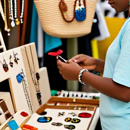 Caribbean Holidays, Caribbean Craft Markets, Close-up of a traveller choosing handmade Caribbean jewellery and a woven bag from a welcoming artisan stall